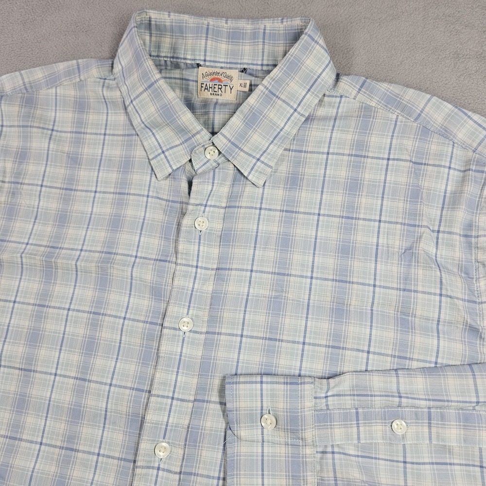 Faherty The Movement Shirt Mens XL Button Shirt Blue Green Plaid Long Sleeve